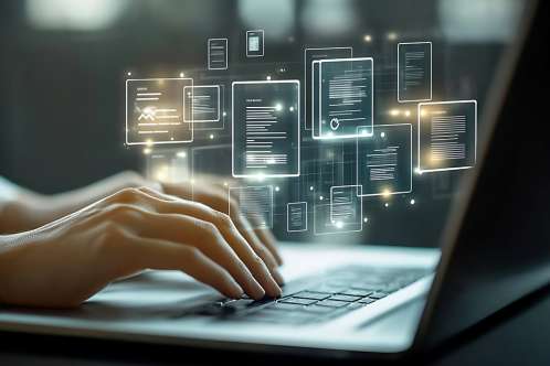 Foto: Finger tippen auf Laptoptastatur