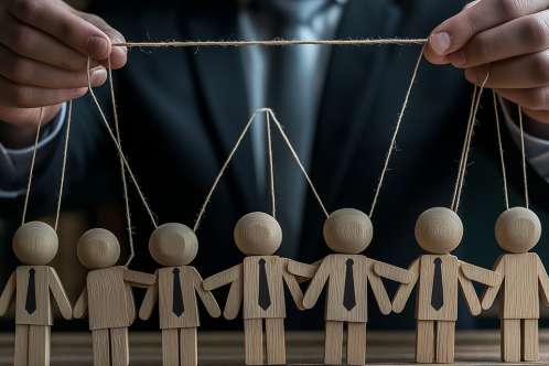 Foto: Puppenspieler im Anzug mit Holzpuppen